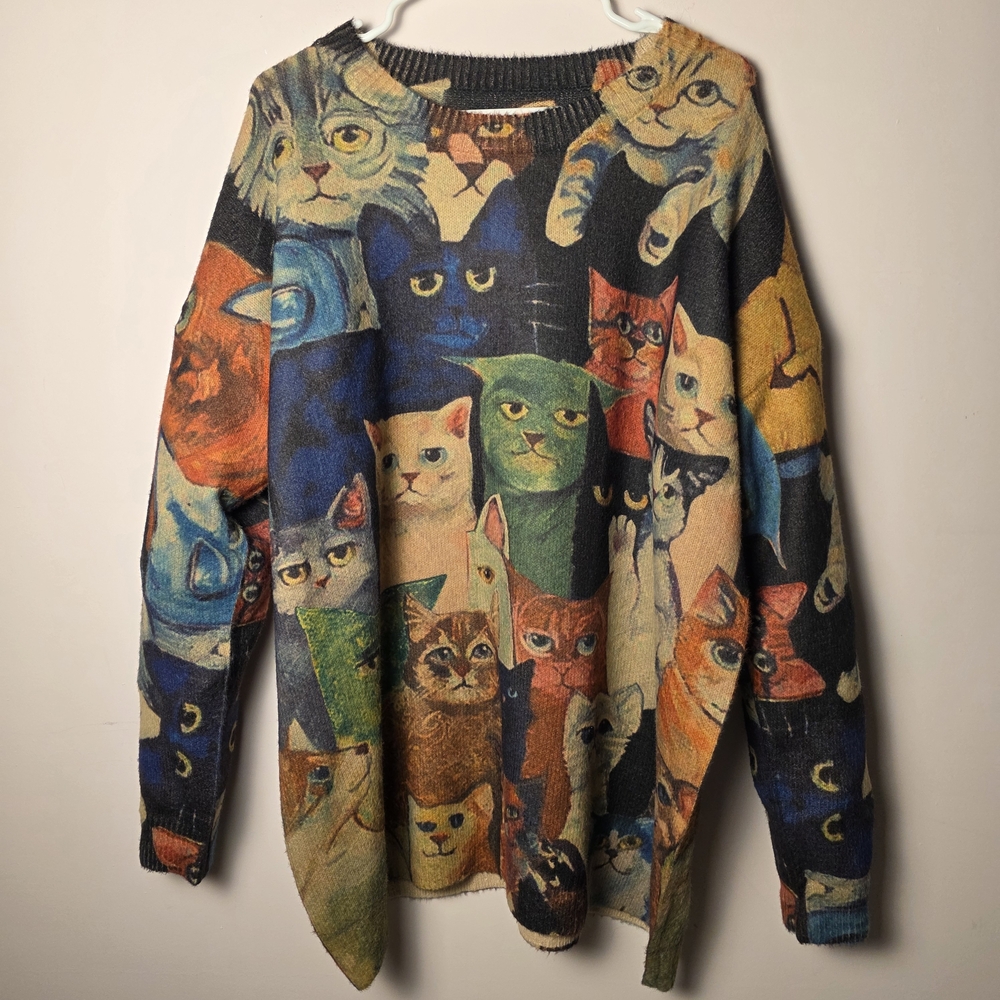Vintage Style Cat Tapestry Sweater Oversized Large Wool Blend Feline Art Graphic